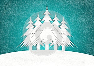 Illustration of five Christmas Trees standing on a hill against a green textured background