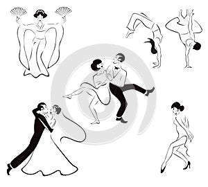 Illustration of five dance styles: Japanese dance,