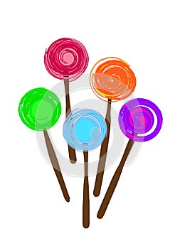 Illustration of five different colored lollipops