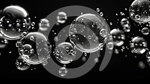 Illustration of fizzing soda bubbles on transparent background. A set of air bubbles under water of different sizes