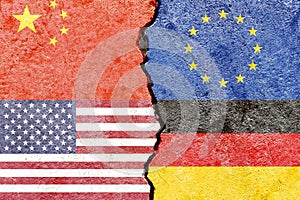 Illustration of flags indicating the political conflict between China-EU-USA-Germany