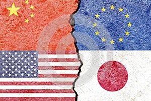 Illustration of flags indicating the political conflict between China-EU-USA-Japan