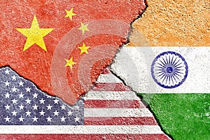 Illustration of flags indicating the political conflict between China-India-USA