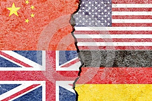 Illustration of flags indicating the political conflict between China-USA-UK-Germany