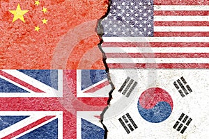 Illustration of flags indicating the political conflict between China-USA-UK-South Korea