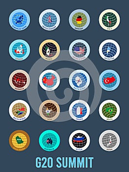 Illustration of flags and maps of the G-20 countries in the form of a logo on a globe. G20, top twenty economies of the world.