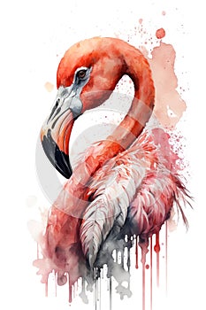 Illustration flamingo in watercolor. Animal on a white background, generative AI