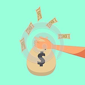 illustration. Flat background with hand and money bag. Money making. Bank deposit. Financials