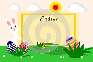 Illustration of a flat design cartoon , Easter eggs and rabbit or Easter bunny.
