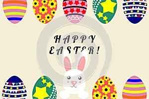 Illustration of a flat design cartoon , Easter eggs and rabbit or Easter bunny.