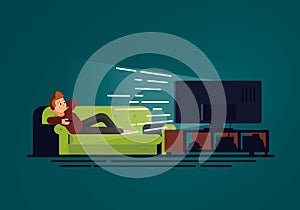 An illustration in flat design of a man lying on the couch who watches TV. Sofa and television set in dark room on the blue backgr