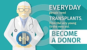 Illustration of flat design. poster transplantation organs. Become a donor.