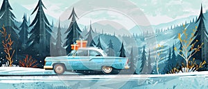 Illustration of a flat modern cartoon depicting a classic blue car carrying a package on its roof. View from the