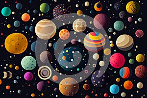 illustration of flat multicolored planets. balls background. Generative AI