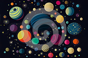 illustration of flat multicolored planets. balls background. Generative AI