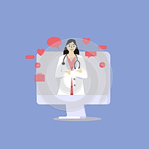The illustration of flat online female doctor on laptop