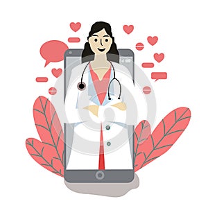 The illustration of flat online female doctor on phone photo