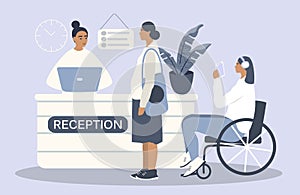 illustration in flat style - a girl at the reception in a medical clinic consults a pregnant woman and a woman who use a wheelchai