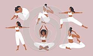 Illustration in flat style. set of images - women in different poses doing yoga