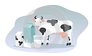 illustration in flat style - spotted cow and dairy products in package, glass of milk