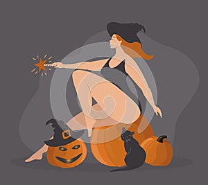 Illustration in a flat style on the theme of halloween. young red-haired witch sits surrounded by pumpkins