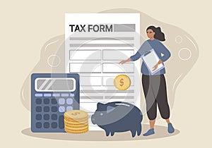 Illustration in a flat style on the theme of taxes, filling out tax forms, tax optimization