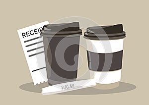 illustration in a flat style - two paper cups with coffee, a stick of  sugar, a cash receipt 