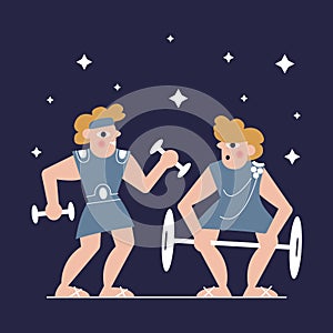 Illustration in a flat style. Two soldiers go in for sports