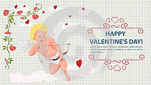 Illustration in a flat style for the Valentines Day holiday flower frame cupid on clouds aiming a bow background notebook sheet in