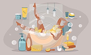 Illustration in flat style - young beautiful woman takes a bubble bath