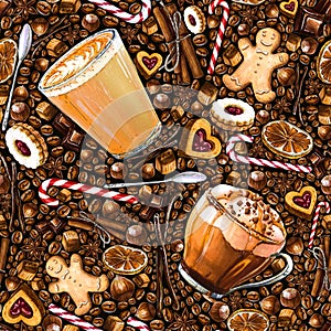 Seamless pattern with different coffee drinks and sweets on dark background.
