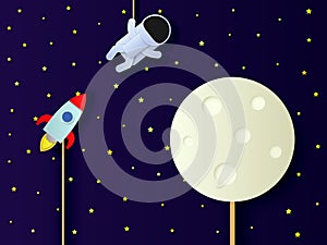 Illustration of the flight of a rocket, a spacesoft and a moon in the starry sky