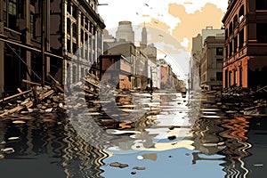 Illustration of a flooded street in San Francisco, California, USA, illustration of flood water disaster in city, AI Generated