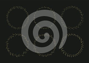 Illustration of floral circular frame. 6 different designs. Golden frame on black background.