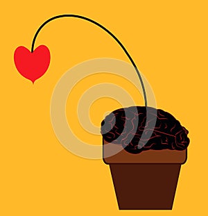 Illustration of a flower in shape of a heart in a pot with soil as brain