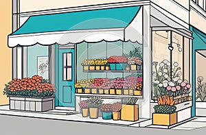 Illustration of flower shop with blue awning, window, and plant display