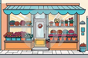 Illustration of a flower shop with potted plants in front of a colorful facade