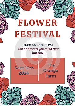 Illustration of flowers and flower festival, 9 am to 6 pm, sep 10th 2024, the orange farm text