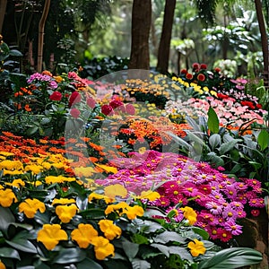 Illustration of a flowery garden, park colorful flowers, flower beds. Home flower garden. Flowering flowers, a symbol of spring,