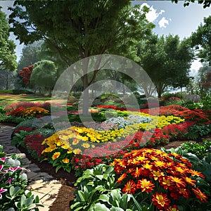 Illustration of a flowery garden, park colorful flowers, green trees, path in the middle. Flowering flowers, a symbol of spring,