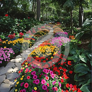 Illustration of a flowery garden, park colorful flowers, green trees, path in the middle. Flowering flowers, a symbol of spring,