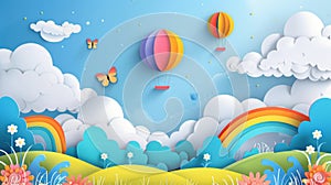 An illustration of fluffy clouds on blue sky background with a summer sun, butterfly, hot air balloon, and rainbow