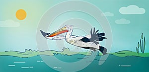 Illustration of flying bird, curly Dalmatian pelican on background of coastline