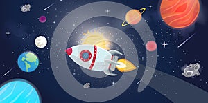 Illustration of flying rocket spacer with space galaxy and planets