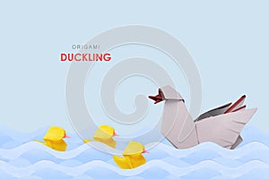 Illustration of folded paper models duck family swiming