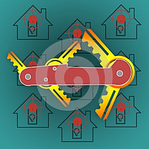 Illustration with a folding knife in the center. Instead of blades, keys are located. Silhouettes of houses under the gun. photo