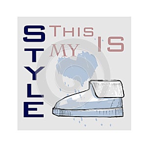 Illustration of Font poster with winter women shoes. Graphic top view footwear for female and lady. Fashion design for