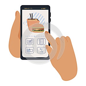 Illustration with food ordering, phone in hand, order food online in app or website