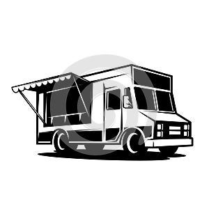 Illustration of an food truck. Design element for emblem, sign, badge.