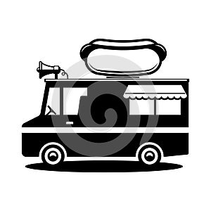 Illustration of an food truck. Design element for emblem, sign, badge.